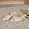 Estilo francês strass laço pontiagudo stiletto salto alto sapatos de camada única mulher boca rasa não cansado pés verão novo estilo costas sandálias vazias mulheres