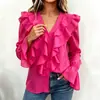 Camiseta casual europea y americana, blusa negra con volantes para mujer, nuevo top ajustado de punto para otoño e invierno con cuello en V y manga acampanada, ropa de mujer transfronteriza