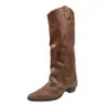 Botas largas, botas vaqueras de caña alta con tachuelas, botas de montar, botas para mujer, botas de cuero de tacón grueso con punta cuadrada retro francés para mujer