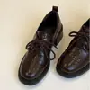 Versión de Cuero Suave~Mocasines Retro Británicos de Cuero Suave con Punta Redonda y Cordones Versátiles para el Trabajo Tacón Grueso Zapatos Pequeños de Cuero Zapatos Individuales para Mujer