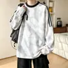 Moletom com capuz moderno, caimento solto e tecido pesado para homens, pulôver de outono, top retro de gola redonda, estilo preppy, listras tie-dye