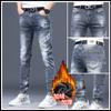 Jeans Engrossado com Forro de Lã Estação Europeia Marca Tendência Stretch Slim-fit Pés com Estampa Distintiva Preto Calças Longas Tendência
