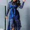 2025 Novo Europeu e Americano Exportação Feminino Wish Renda Vazada Manga Longa Gola Alta Cadarço 5 Cores Vestido Assimétrico
