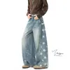 Jeans Americanos de Moda Street Style de Pierna Ancha hasta el Suelo con Estampado de Estrella de Cinco Puntas, de Cintura Media, Lavado Retro, para Hombres y Mujeres