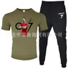 Moda de Comércio Exterior Camiseta Masculina de Manga Curta Calça Terno Casual Gola Redonda Cor Lisa Estampa de Letras Roupa Esportiva Casual