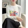Atacado transfronteiriço outono 2026 novo top solto de manga comprida estampado gola redonda cor contrastante graffiti roupa íntima branca