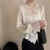 Top casual de punto con inserciones de encaje y diseño de cuello en V, cárdigan de punto de manga larga para mujer, suave y rejuvenecedor, cómodo para otoño
