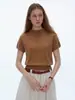 Camiseta de Punto de Manga Corta con Hombros Descubiertos y Cuello Semi Alto Estilo Old Money para Mujer, Otoño Retro Francés de Gama Alta Adelgazante Versátil