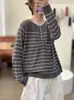 Camisa de punto informal versátil de manga larga a rayas de lino y lyocell, estilo nuevo para la primavera de 2026, holgada, para mujer