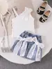 26 Euros Lindo Conjunto de Verão para Criança Top Tomara que Caia com Laço Pérola Saia Jeans Temperamento Fashionável Fábrica de Origem