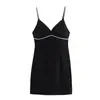 Vestido de alça sexy preto com strass, novo, para mulheres, estilo europeu e americano Fengchun 2024 6352