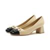 5299-A7 Sapatos de Bloco de Cor com Salto Grosso e Botão Quadrado Femininos Sapatos Franceses de Boca Rasa com Salto Médio e Bico Quadrado Sapatos de Casamento Femininos Sapatos para Madrinha
