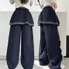 Calça Cargo de Primavera para Meninas 2026 Novo Estilo Painel Traseiro com Renda Infantil Crianças Maiores Patchwork Solta Azul Marinho Casual
