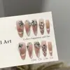 Uñas Portátiles Hechas Completamente a Mano, Manicura de Ojo de Gato Rosa de Alta Gama, Lujo Accesible, Montón Suave de Diamantes, Parches de Uñas Postizas Brillantes