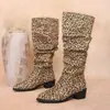 Comércio Exterior Tamanho Grande 2026 Outono/Inverno Botas Longas Femininas Salto Baixo Bloco Bico Fino Emagrecedoras Estampa de Leopardo Calce Fácil Botas de Equitação Femininas