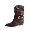Botas Curtas de Estilo Europeu e Americano com Salto Grosso e Bico Fino, Botas Martin 2026 Versátil Retro Fivela de Cinto Botas Western com Rebites e Franzidos para Mulheres