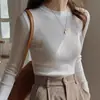 Camiseta básica de punto ajustada, hombros rectos, cuello redondo para mujer, suéter ajustado de otoño, camiseta de manga larga, top negro