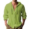 Camisa casual deportiva de manga larga con capucha para hombre, color liso, transpirable, abotonada, corte holgado, importación europea y americana, mezcla de algodón y lino