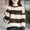 Nuevo Suéter de Punto de Terciopelo Andy de Otoño Temprano Cuello Redondo Combinación de Colores Estilo Coreano Holgado Aspecto Adelgazante Jersey Rayado Top de Manga Larga para Mujer