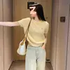 Suéter delgado de punto azul estilo japonés con trenzas, de manga corta corta para mujer, camiseta corta casual de verano holgada con cuello redondo