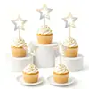 Topper de pentagrama hueco brillante para pastel para decoración de postre de fiesta de cumpleaños, tarjeta de inserción de papel dorada y plateada