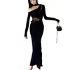 Vestido de Encaje Negro Patchwork de Hombros Descubiertos con Cinta para Primavera, Estilo Femenino de Socialité, Ceñido a la Cintura, Bodycon Largo, Transfronterizo