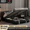 Cama pneumática de couro de luxo de fábrica de comércio exterior, com tiras decorativas de metal, cama com baú elevatório hidráulico, disponível para fornecimento de comércio exterior