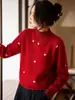 Suéter Jacquard Amor Outono e Inverno Casual 100% Lã Feminino Preguiçoso Top Base Gola Alta Meia Vermelho 2025