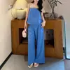 Conjunto de duas peças para mulheres: camisola azul estilo coreano + calça pantalona de cintura alta, verão elegante e emagrecedor para uma aparência mais alta