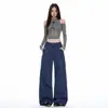 Jeans de trabajo de pierna ancha, estilo francés, color naranja joven, azul, multibolsillos, para mujer, corte holgado, adelgazantes, modernos, versátiles y de largo hasta el suelo