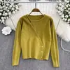 Suéter de malha com fivela irregular da moda outono e inverno estilo coreano feminino, solto, modelador de corpo, acinturado, blusa de base