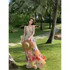 Vestido Largo de Playa de Estilo Francés, Puro Deseo, Estampado Floral Multicolor, Tirantes Finos, Cintura Alta, Corte Acampanado, para Mujer