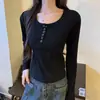 Camiseta de Manga Larga Acanalada 1x1 de Algodón Puro para Mujer Otoño e Invierno Primavera 2026 Hombro Normal Cuello en V Corto Botones Top Capa Base