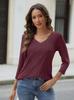 Amazon 2024 Outono Explosões V-neck Manga Solta Camisa Casual Cor Sólida Top T-shirt Mulheres