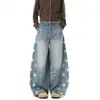 Jeans Masculino Tendência Outono Estampa Estrela High Street Americana Design Solto Costura Calça Longa Wide-Leg Marca Trendy