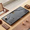 Bandeja de té de piedra negra y dorada, bandeja de té para oficina, mesa de té con juego de té incorporado, juego de té Kung Fu, bandeja de té con sistema de drenaje, juego de té completo