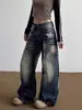 Jeans Reto Largo Lavado Gradiente Curvo Estilo Retro Americano Plus Size para Homens e Mulheres, Calça de Perna Larga Reta Solta Rasgada Estilo Streetwear Tendência
