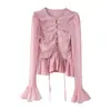 Ropa de mujer transfronteriza al por mayor 2026 Estilo dulce francés irregular volantes manga de campana cuello redondo cordón camisa top