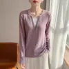 Estilo Novo Outono e Inverno Gola V com Pedrarias Top Base de Tricô Falso Duas Peças para Mulheres Simples Emagrecedor Fashionável Manga Longa