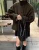 Casaco de lã solto retro chique coreano com gola alta