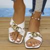 2024 Comercio Exterior Transfronterizo Zapatillas Planas Sandalias de Verano para Mujer Estilo Coreano de Moda Cadena Punta Cuadrada Casual Sandalias de Mujer