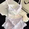 Ropa de Casa Sexy para Chica Estilo Puro Deseo de Seda de Hielo Fresca de Verano con Shorts de Tirantes Acolchados Pijama