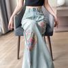 Jeans Casuales de Pierna Recta y Pierna Ancha Bordados Estilo Nacional Chino Elegantes para el Viaje Diario Combinan con Todo Cintura Alta Nuevos para Mujer