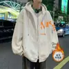 Moletom Grosso com Capuz e Cordão para Homens, Estilo Hong Kong Ins com Estampa de Letras Jaqueta com Zíper Outerwear