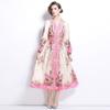 Vestido estampado adelgazante con escote en V elegante, cintura ajustada y costuras doradas, estilo retro transfronterizo 2024