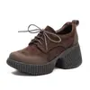 Mocassins Retro Super Macios de Couro de Vaca Femininos Bico Redondo Cadarço Salto Alto Plataforma Impermeável Solado Grosso Confortável Estilo Casual Sapatilhas