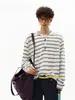 Camiseta de manga longa patchwork listrada estilo miu com botões de chifre, unissex, suéter casual tendência de outono com caimento solto, top simples
