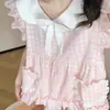 Pijama rosa a cuadros estilo japonés, estilo princesa para mujer, conjunto de verano de manga corta y shorts con pequeñas mangas acampanadas, ropa de casa para chicas guapas