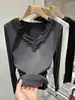 Camiseta Base Manga Longa Patchwork de Renda com Decote em V, Forrada com Fleece para Mulheres, Inverno, Slim Fit, Sexy, Tecido Escovado, Emagrecimento, Camiseta Espessa