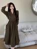Talla grande Otoño para mujer Nuevo Estilo Francés Cuello en V Cintura Ajustada Manga Larga vestido Mujer niña gordita Cubre Vientre Adelgazante Falda Falda Larga